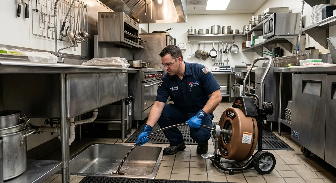 Commercial drain cleaning service in a restaurant kitchen in Dana Point