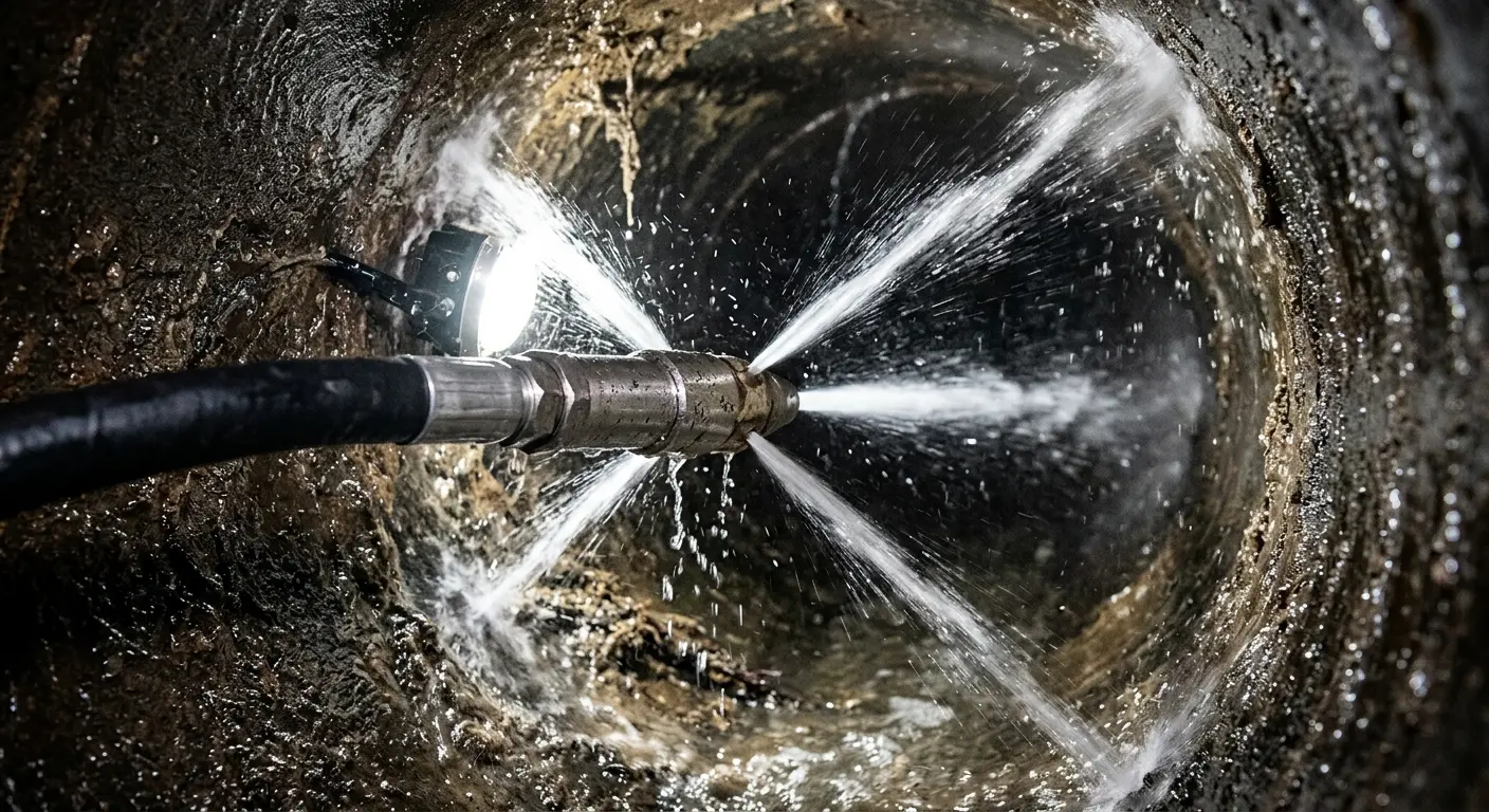 High-pressure hydro jetting nozzle cleaning sewer pipe for Storm Drain Cleaning in Dana Point