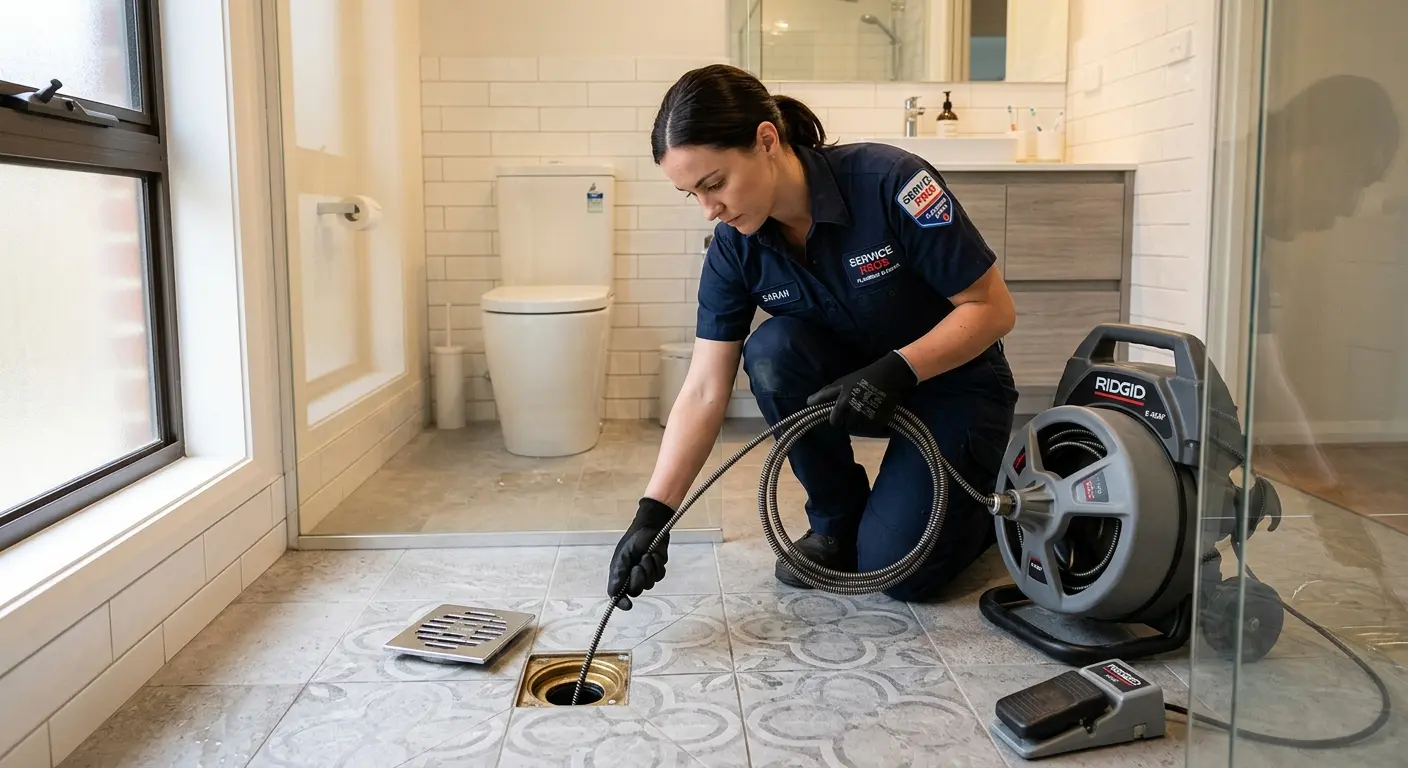 Technician clearing a bathroom floor drain for Drain Repair in Dana Point